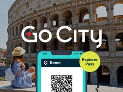 A Go City: Rome Explorer Pass advertisement with a picture of a girl wearing a blue dress and straw hat